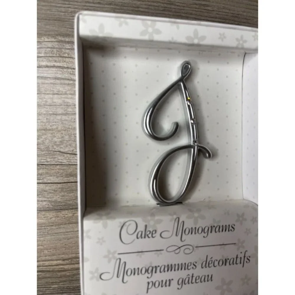 Wedding Small J Silver Finish Monogram Initial Rhinestones Cake Topper